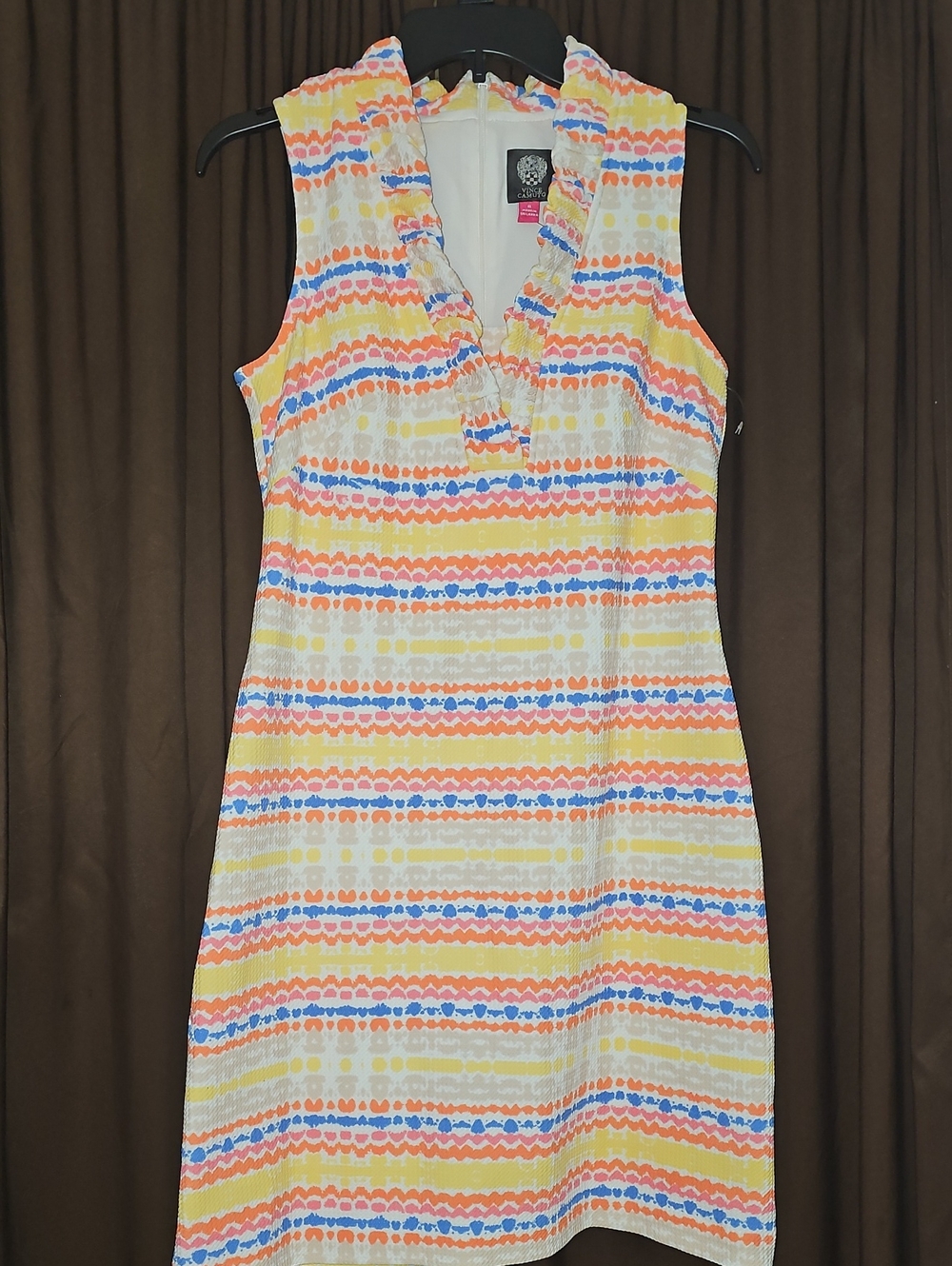 Vince Camuto Sleeveless Ruffle V-Neck Striped Sundress in Yellow, Orange & Blue